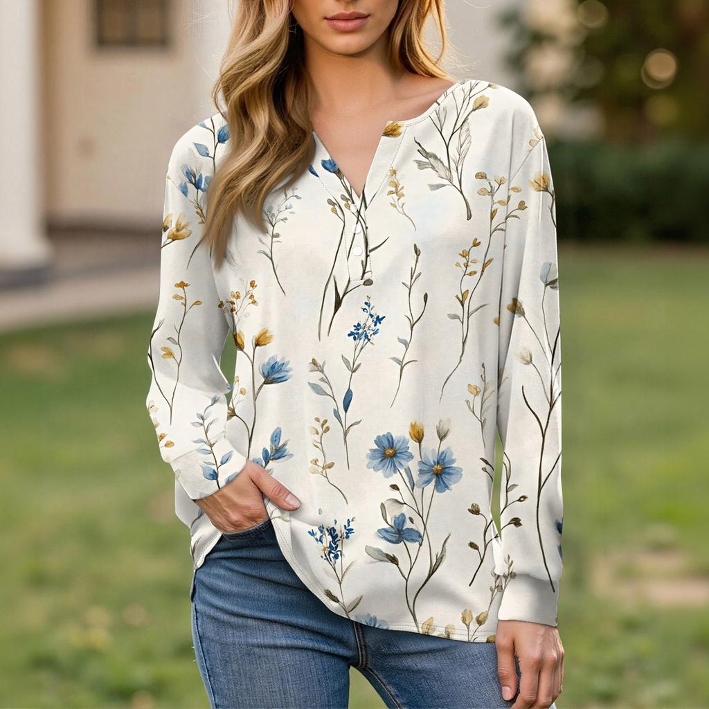 Women's T Shirt Tee Button Long Sleeve Daily Weekend Fashion Basic V- Neck Regular Top
