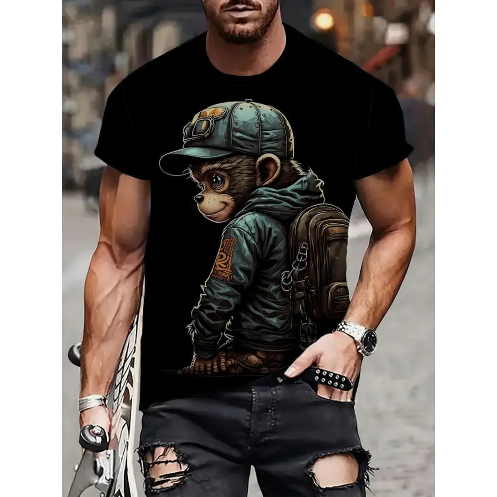 Summer Men Monkey Pattern T-Shirt Hip Pop Short Sleeve Fashion Comfortable Soft Large Size Round Neck T-Shirt