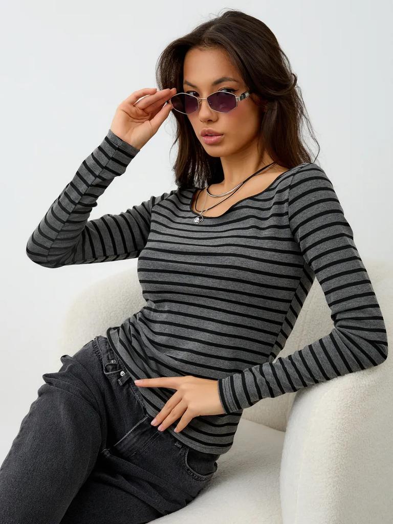 Damski T-shirt w paski z długim rękawem Y2k Top na jedno ramię Casualowy Slim Fit Hot Girl Styl Vintage Modne Ubrania