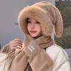 Women's Fleece Bunny Ear Hat Scarf Cute Animal Earmuffs with Neck Warmer Winter Soft Plush Beanie with Long Ears
