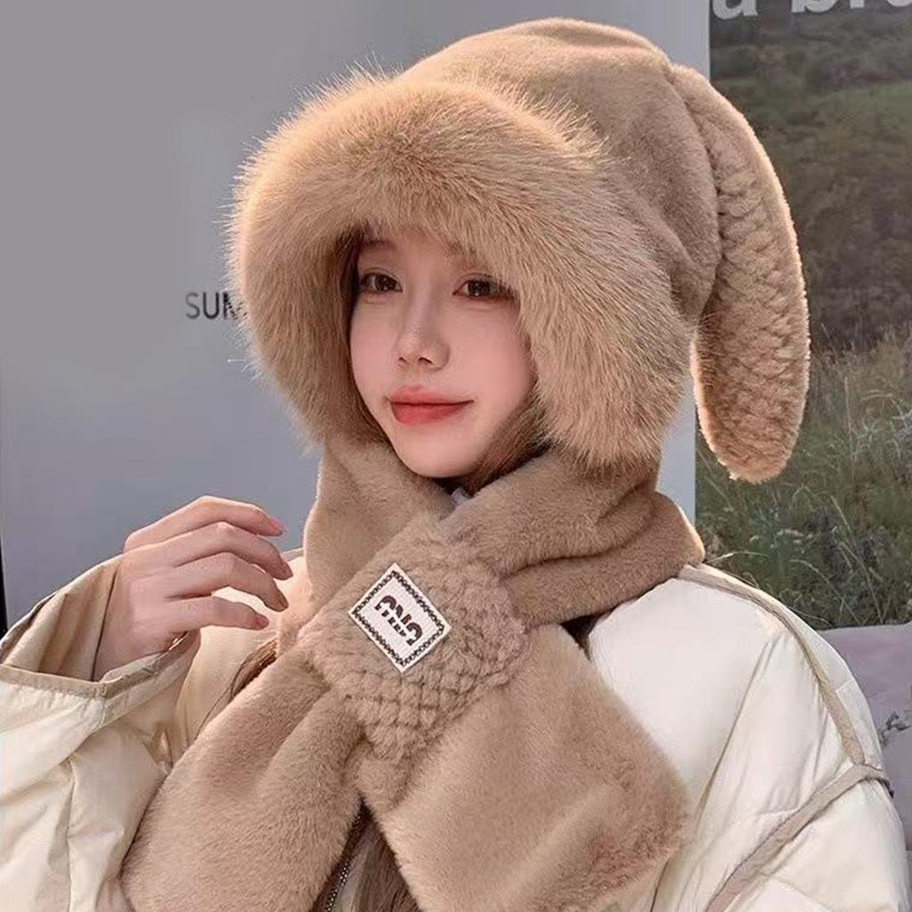 Women's Fleece Bunny Ear Hat Scarf Cute Animal Earmuffs with Neck Warmer Winter Soft Plush Beanie with Long Ears