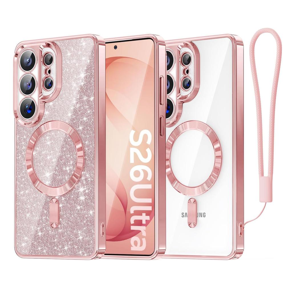 Glitter Plating Lanyard For Magsafe Case For Samsung Galaxy S26 Ultra S25 S24 S23 S22 S21 Plus Note 20 Magnetic Soft TPU Cover