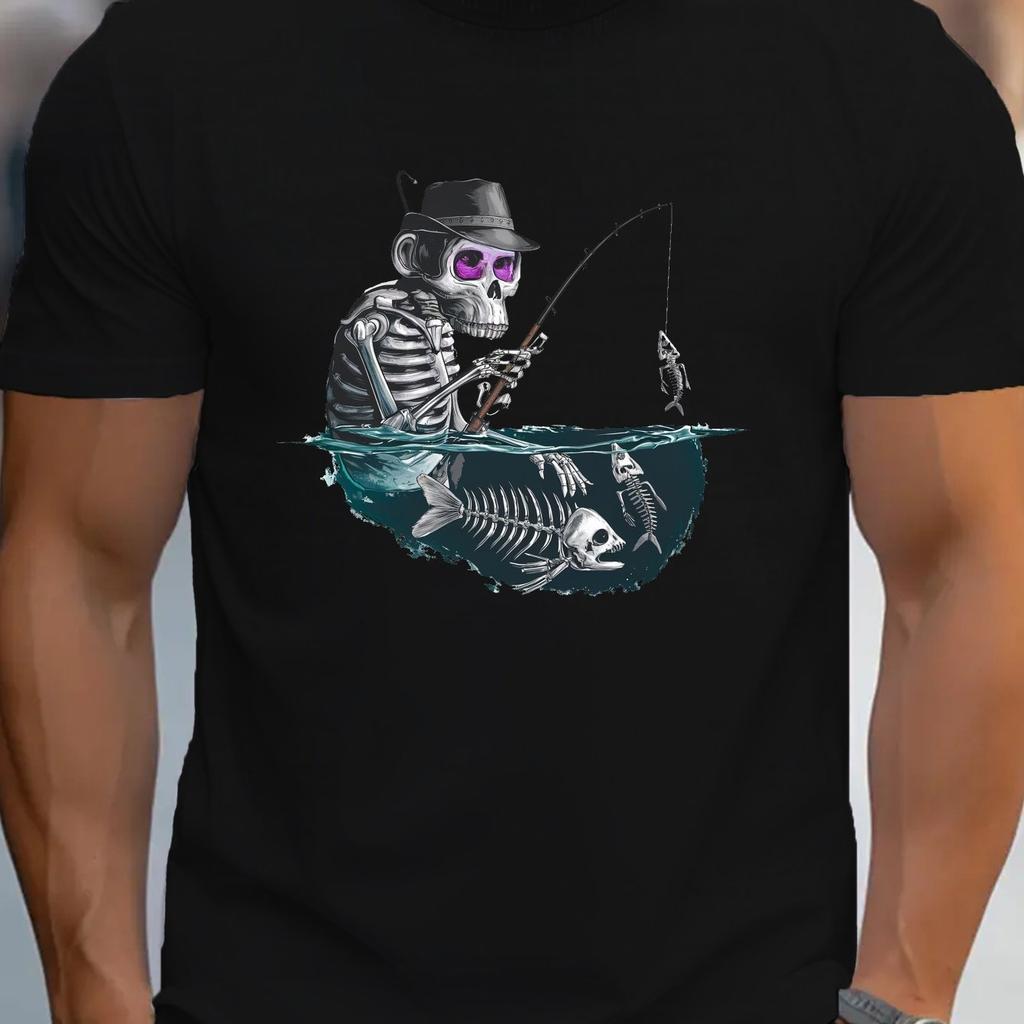 Skeleton Fishing Graphic Tee Skull Surrealistic Print Casual Mens Short Sleeve TShirt