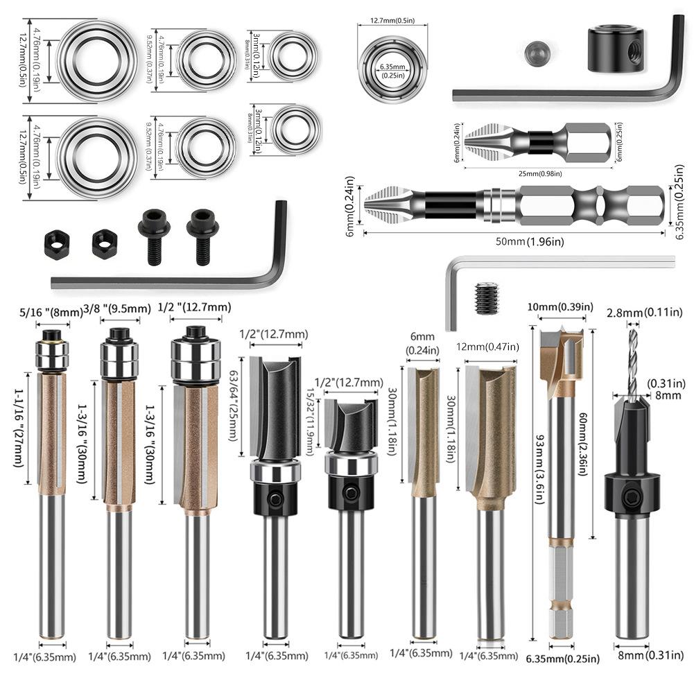 

26-Piece Bearing Straight Knife Double Bearing Edge Trimming Knife Set Heavy Hole Drill Batch Slotting Slotter Milling Knife Edge Trimming 26-piece woodworking milling cutter 1/4 handle