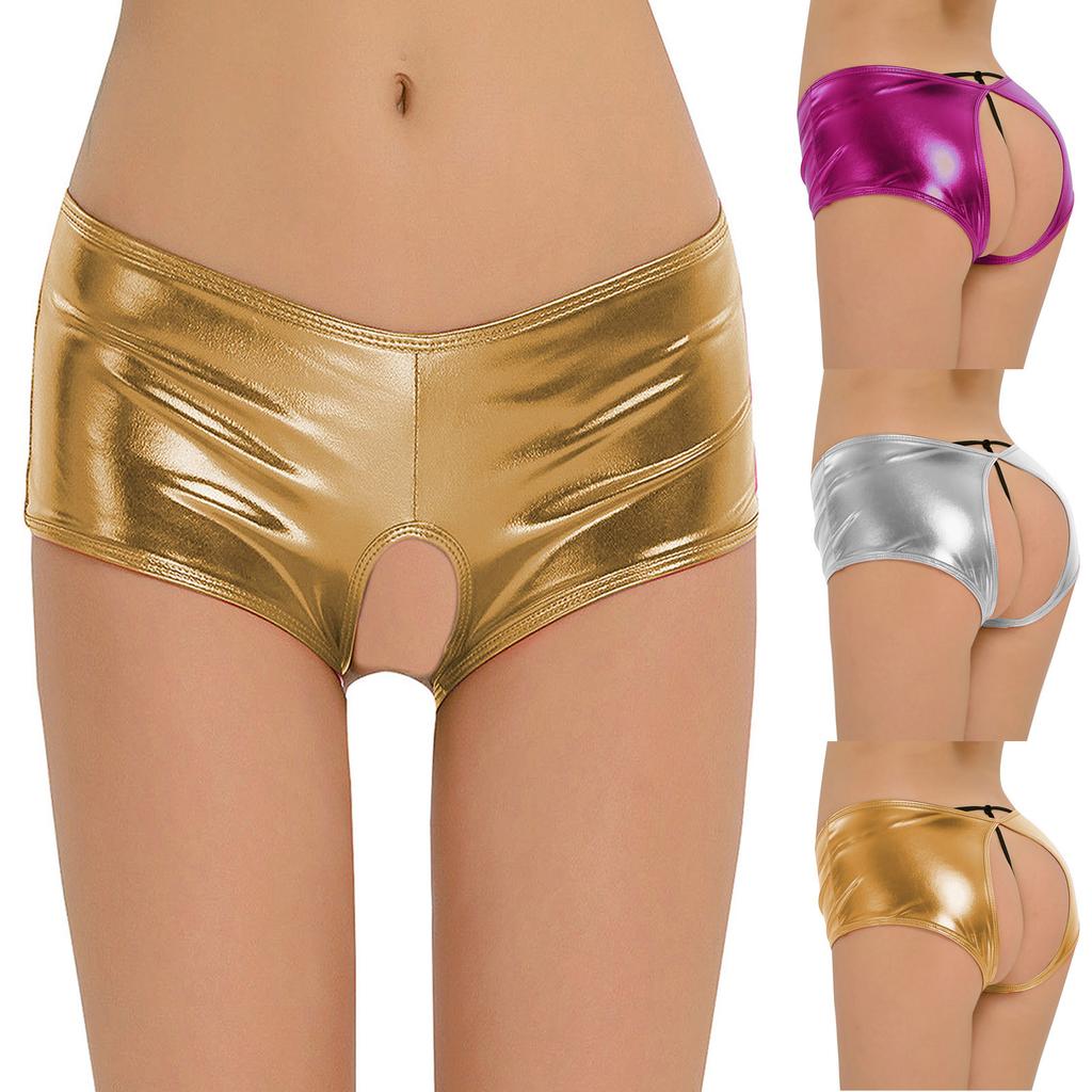 Women's Metallic Faux Leather Open Crotch Boyshorts Underwear Stretchy Low Waist Lingerie Panties for Intimate Wear
