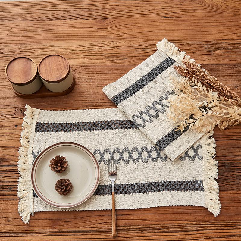 Simple woven tassel American cotton and linen square splicing natural material placemat table mat holiday decorative hemp rope
