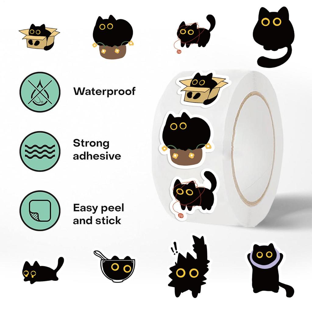 500pcs/roll Cartoon Black Cat Stickers Funny Black Kitten Laptop Stickers Cat Decals For Scrapbooking Journal Envelope Sealing