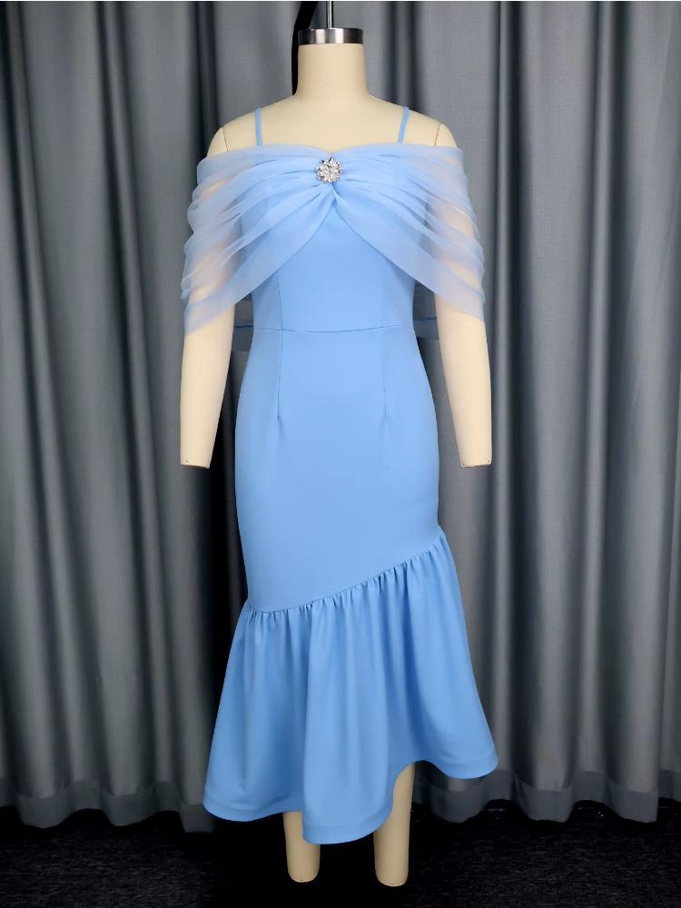 Elegant Evening Long Dresses for Women Cold Shoulder Organza Patchwork High Waist Package Hip Fishtail Ruffles Cocktail Outfits