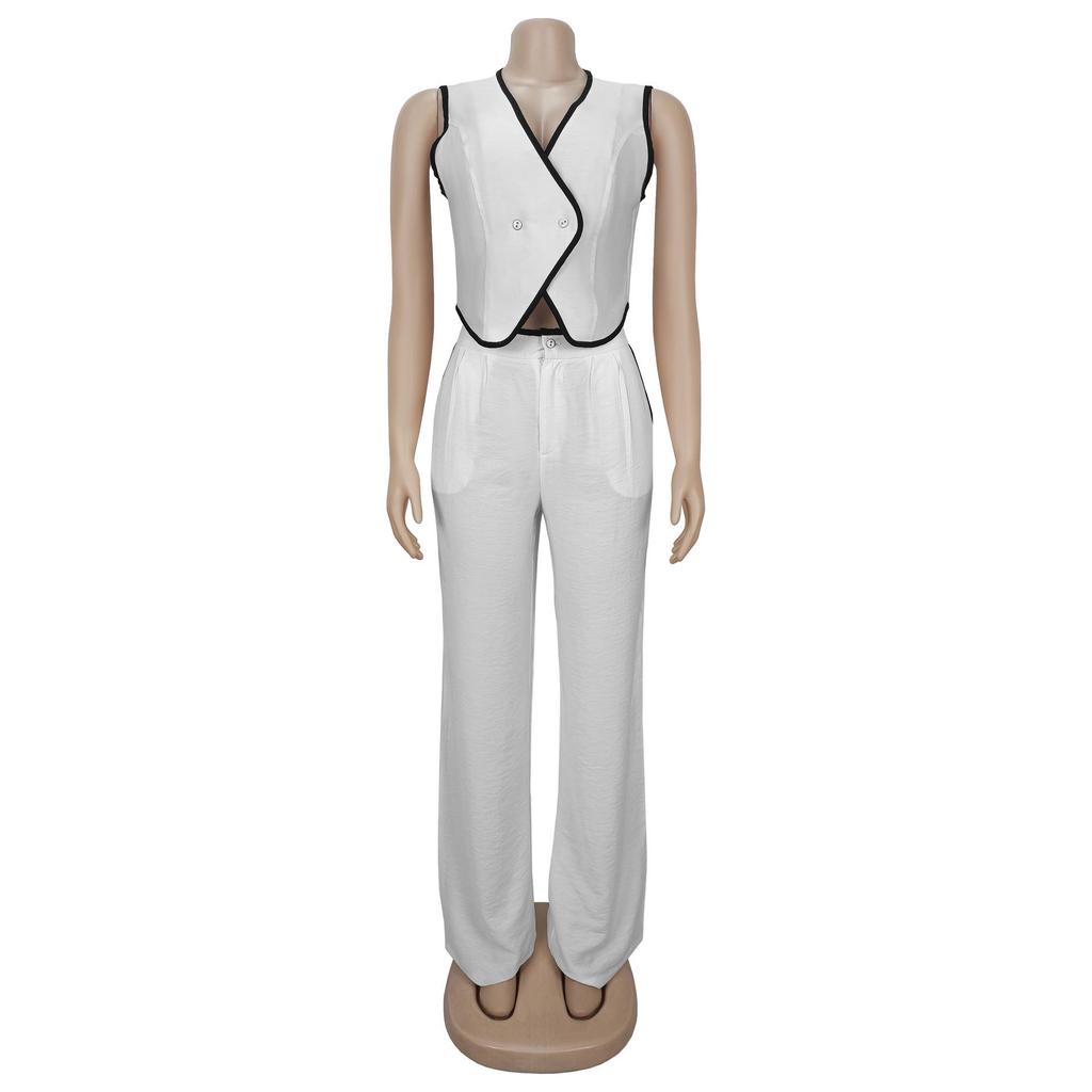 Women's Casual V-neck Button Top & Trousers Two-piece Set - New Fashion Europe/America