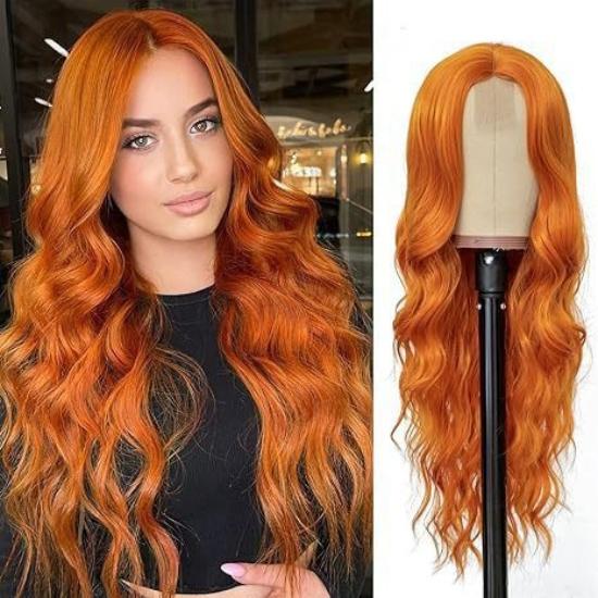 Lace Front Long Curly Wig for Women Middle Part Orange Burgundy Color Brazilian Style Synthetic Full Wig
