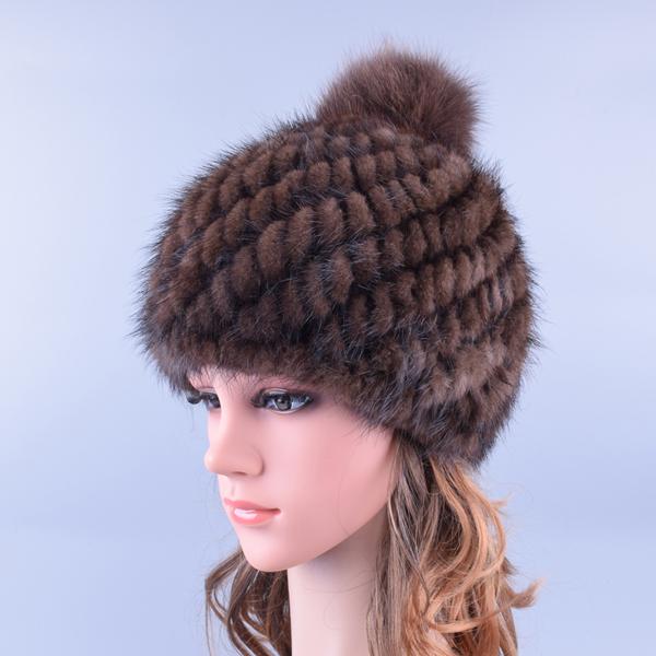 

Шапки-помпоны из натурального меха норки и лисы, вязаные зимние шапки-бини с утолщением, брендовая шапка LQ11192 коричневый