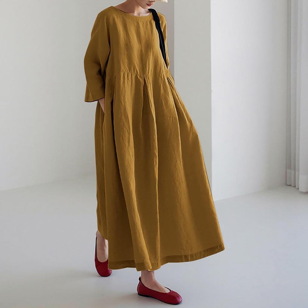 A Fashionable -color Round-neck, Long-sleeved, Loose And Large-swing Pocket Dress For Ladies