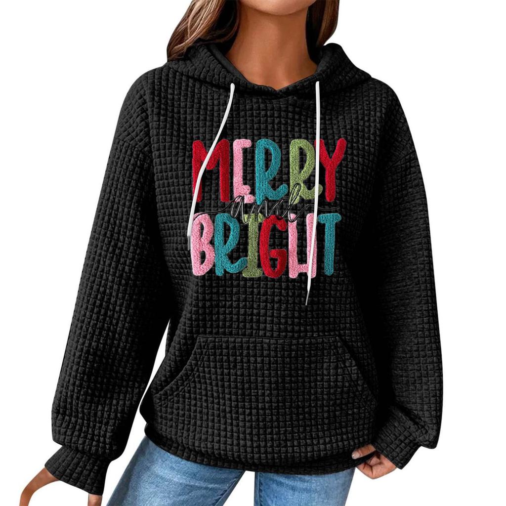 Women's Fashion Loose Hooded Pullover Long Sleeve Plaid Sweatshirt With Drawstring, Drop Shoulder, Pocket, Christmas Print Top