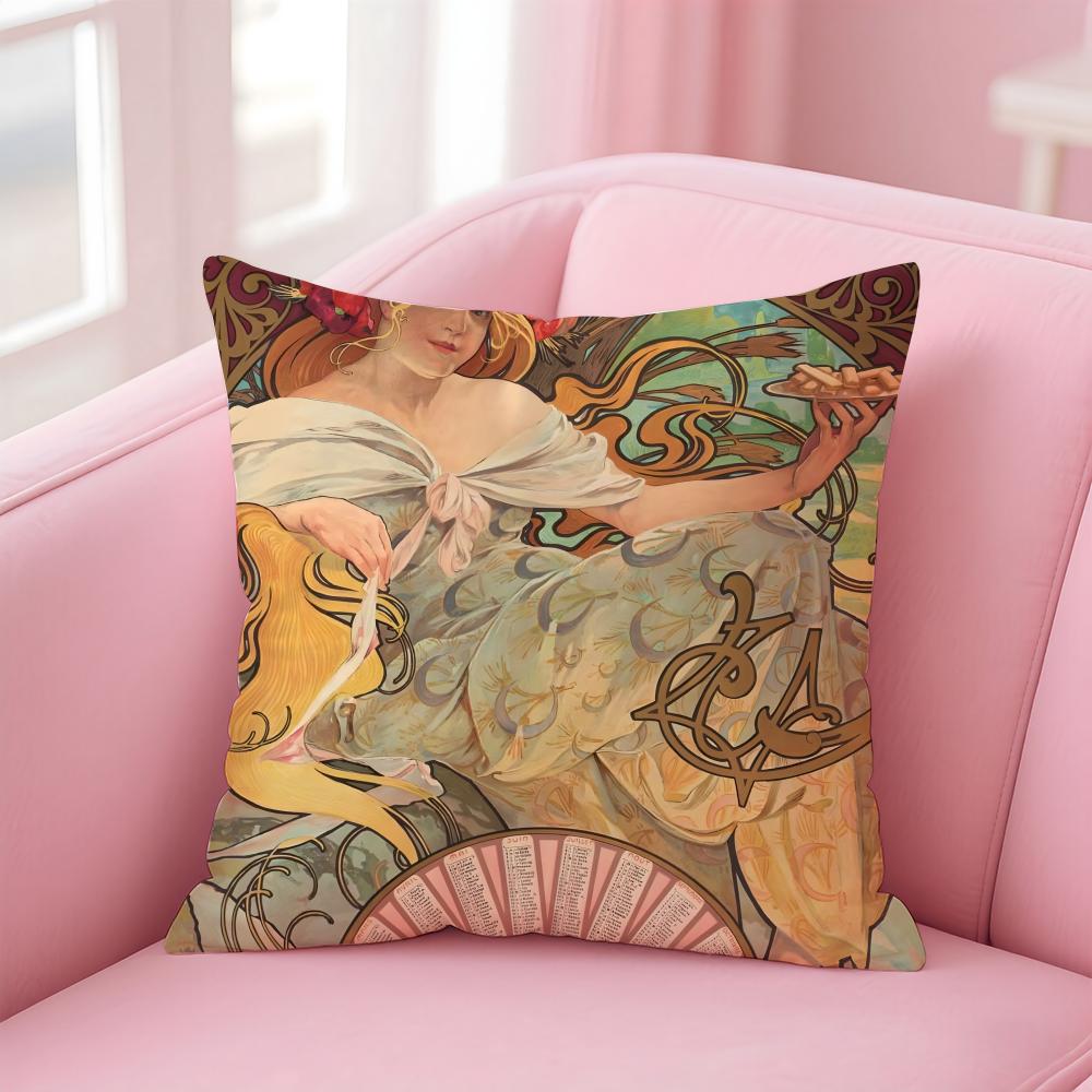 artistic AAlphonse Maria Mucha Cushion Cover Pillow Case Soft Skin Friendly Fabric Comfort Concealed Zipper