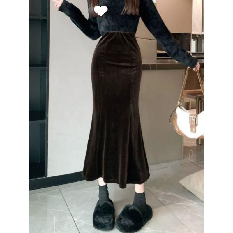 Black gold velvet skirt women's sky velvet thickened high waist and thin medium and long a-word hip-wrapped fishtail skirt
