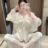 New ice silk pajamas women's spring and summer high-end French court style lace splicing set, thin long-sleeved loungewear