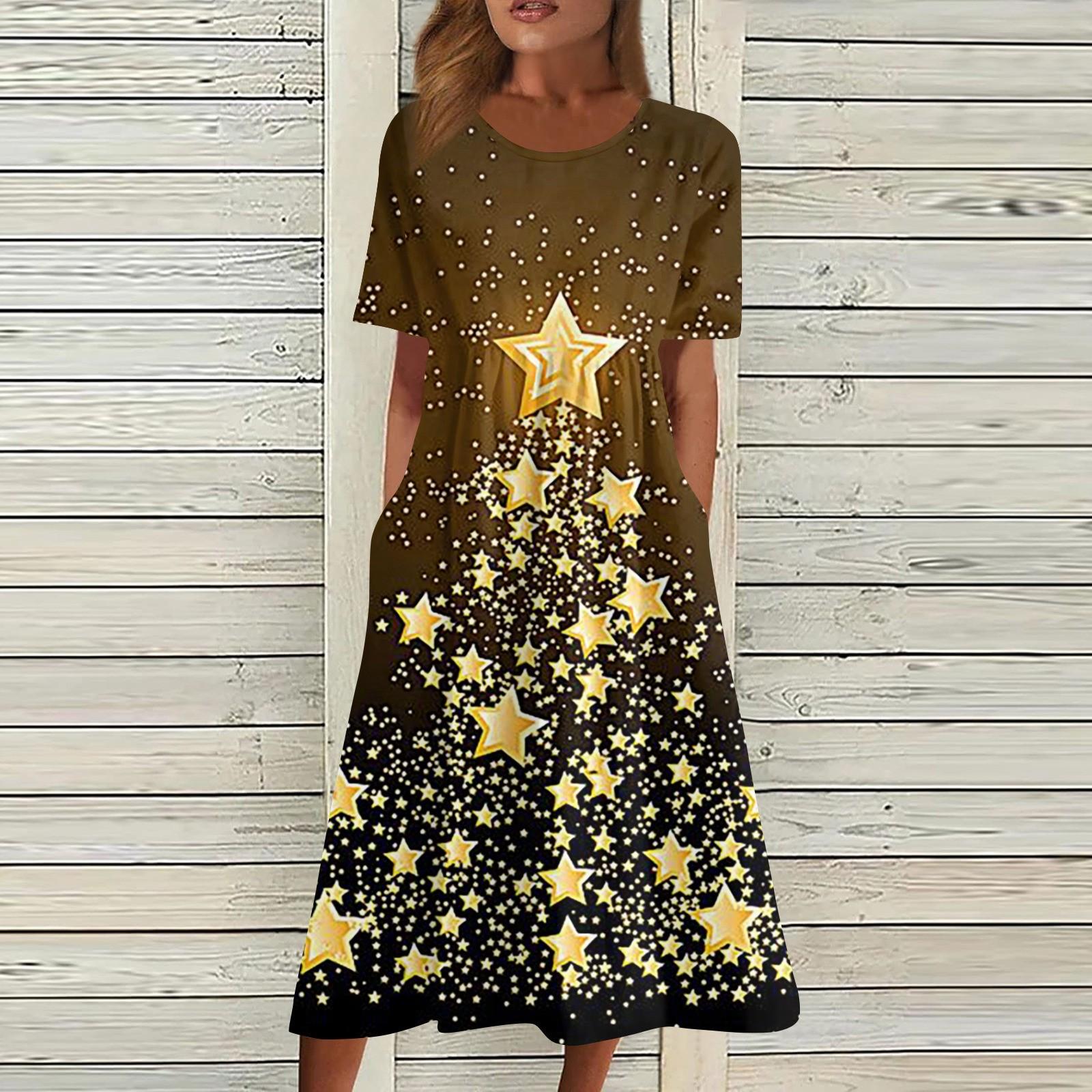 Women s Casual Fashion Christmas Print O-neck Dress XXL золотой