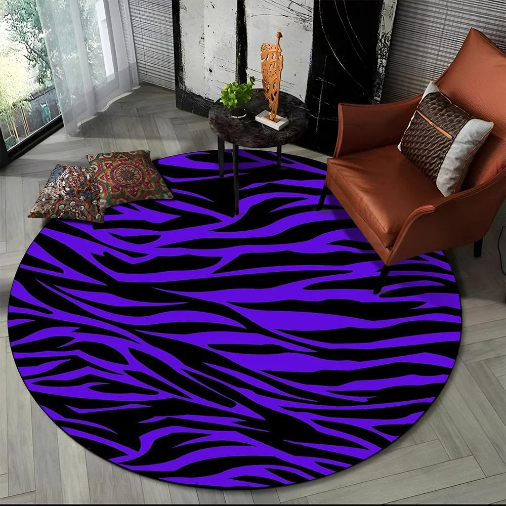 3D Barevný Pruhovaný Vzor Zebra Kulatý Koberec pro Obývací Pokoj, Ložnici, Dětský Herní Koutek Dekor, Protiskluzová Podložka do Zóny pro Domácí Mazlíčky