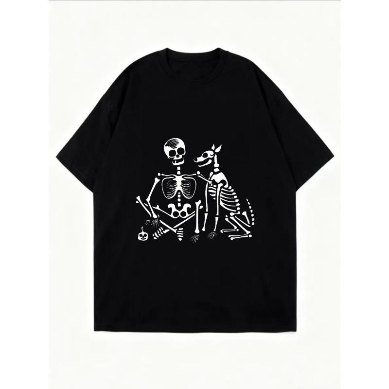 White Oversized T Shirt With Dancing Skeleton Print For Casual Wear