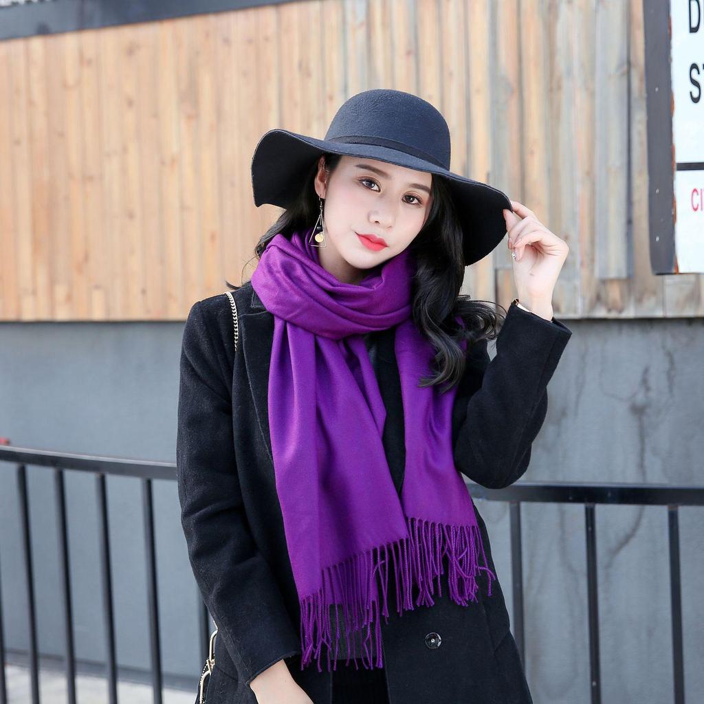 Women's Winter Solid Color Tassel Scarf - Thick Warm Korean Style Monochrome Imitation Cashmere Shawl