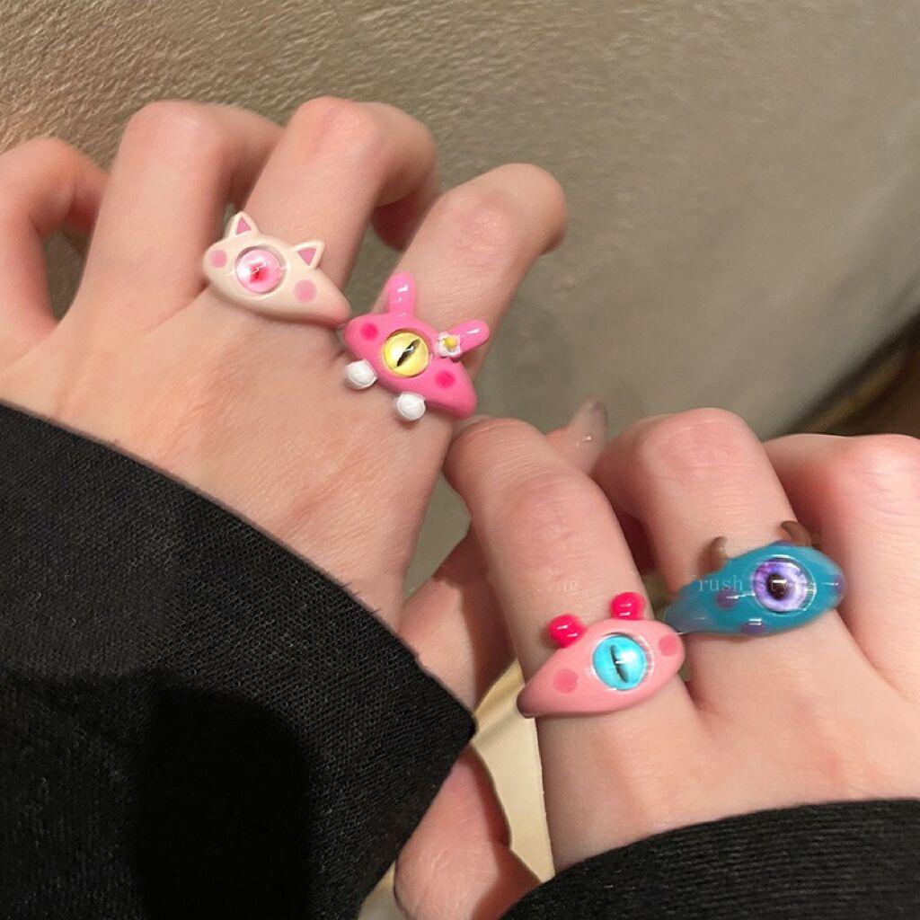 Pink Series~ Childlike Cute Meow Monster Ring Female Tide Index Finger Ring Design Niche Ring