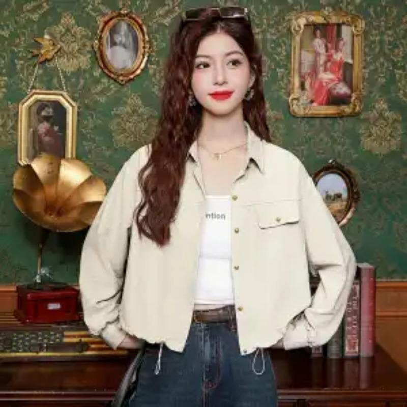 Women's Casual Beige Button Up Drawstring Hem Long Sleeve Shirt Jacket