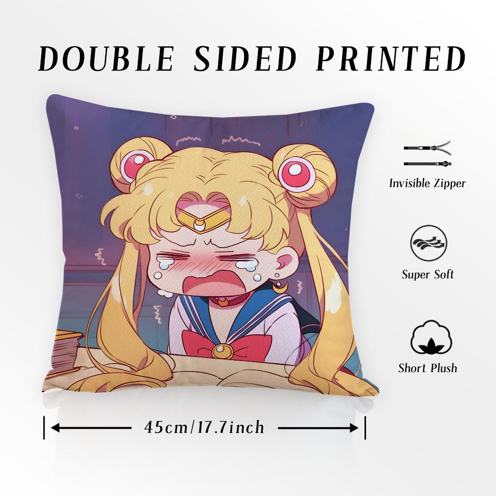 S-SAILOR Anime M-MOON Pillow Case Pillowcase Anti-dustmite Pillow Invisible Zipper Silky Short Plush Sofa Cushion Cover