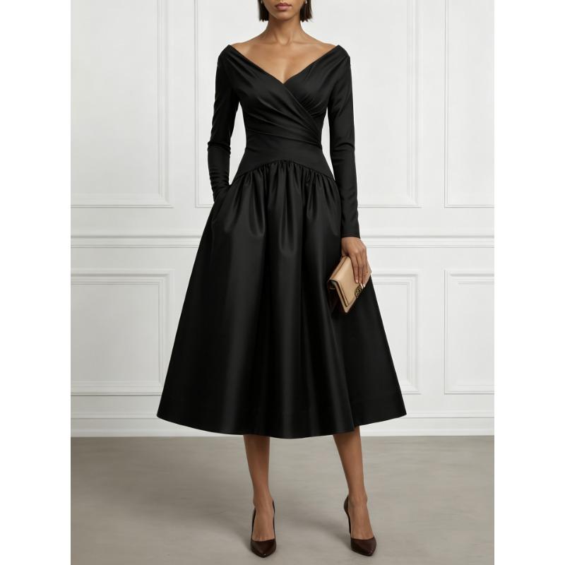 TIFICY Moda feminina primavera outono cor sólida estampa manga comprida decote em v cintura alta vestidos casuais