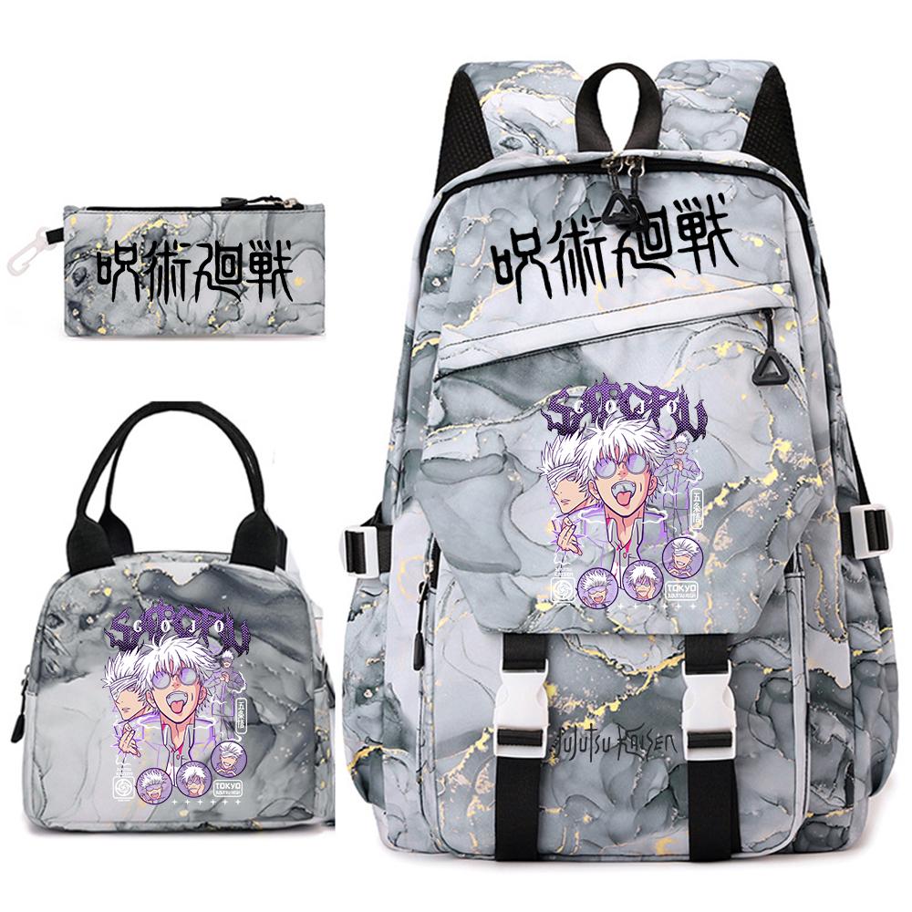Anime Jujutsu Kaisen Backpack Set for Girls 3pcs School Bookbag Lunch Bag Pencil Case Casual Travel Rucksack
