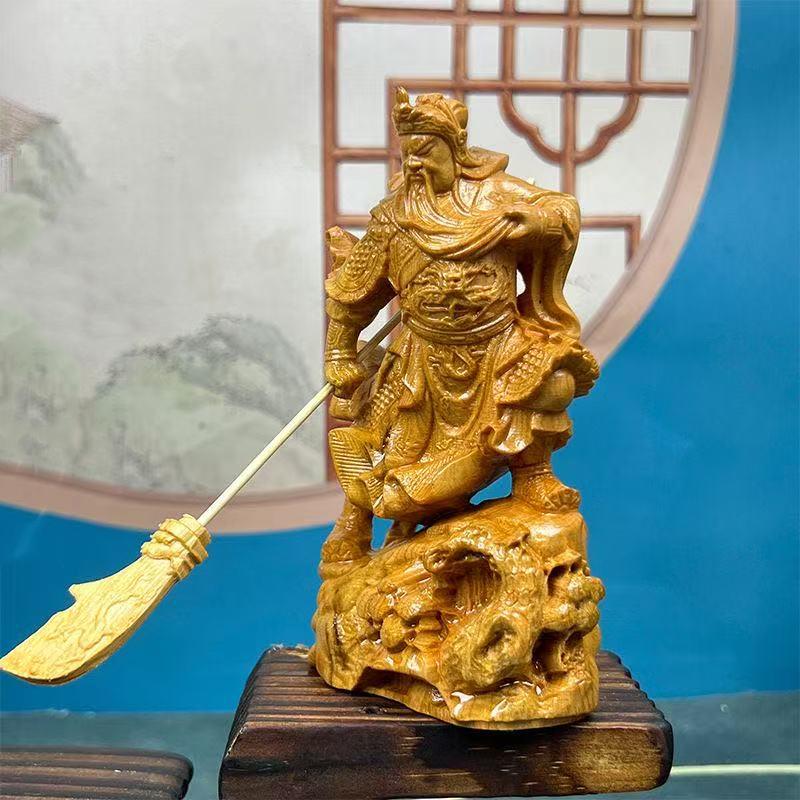 Natural Cypress  Guan Gong sculptures figurines Solid wood carving Home Room OfficeWealth Luck Feng Shui Decor Portrait Statue