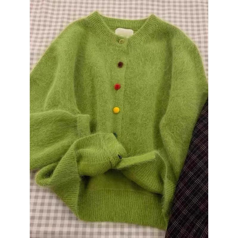 Høst Vinter Rund Hals Ensfarget Vintage Strikkejakke Dame Løs Casual Allsidig Cardigan Topp