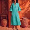 2026 summer European and American large-size women's clothing V-neck lotus leaf sleeve cotton and linen solid color long dress