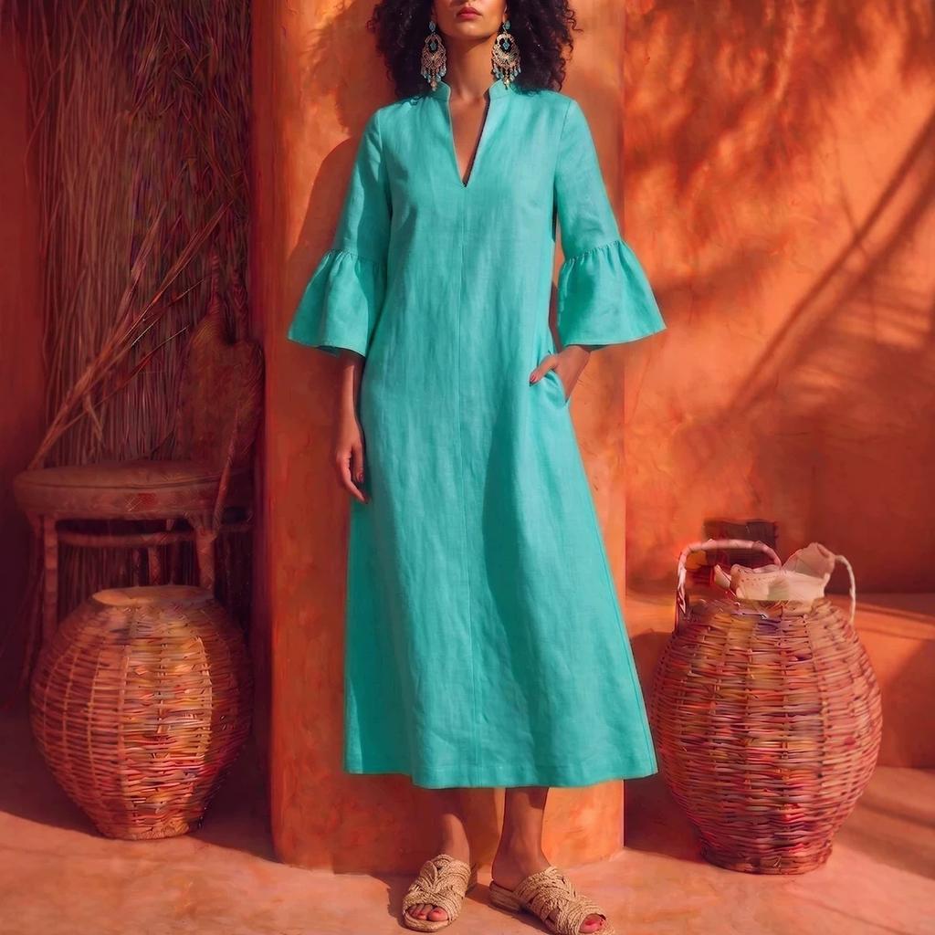 2026 summer European and American large-size women's clothing V-neck lotus leaf sleeve cotton and linen solid color long dress