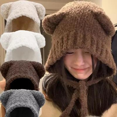 Cute Bear Ear Hat Women Y2k Knitted Beanies Autumn Winter Lace Up Warm Ear Protection Cap Fashion Warm Knitting Hat