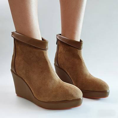 Stivaletti da Donna Primavera Autunno Pelle Scamosciata Zeppa Caviglia Piattaforma Tacco Zeppa 10cm Con Zip Posteriore