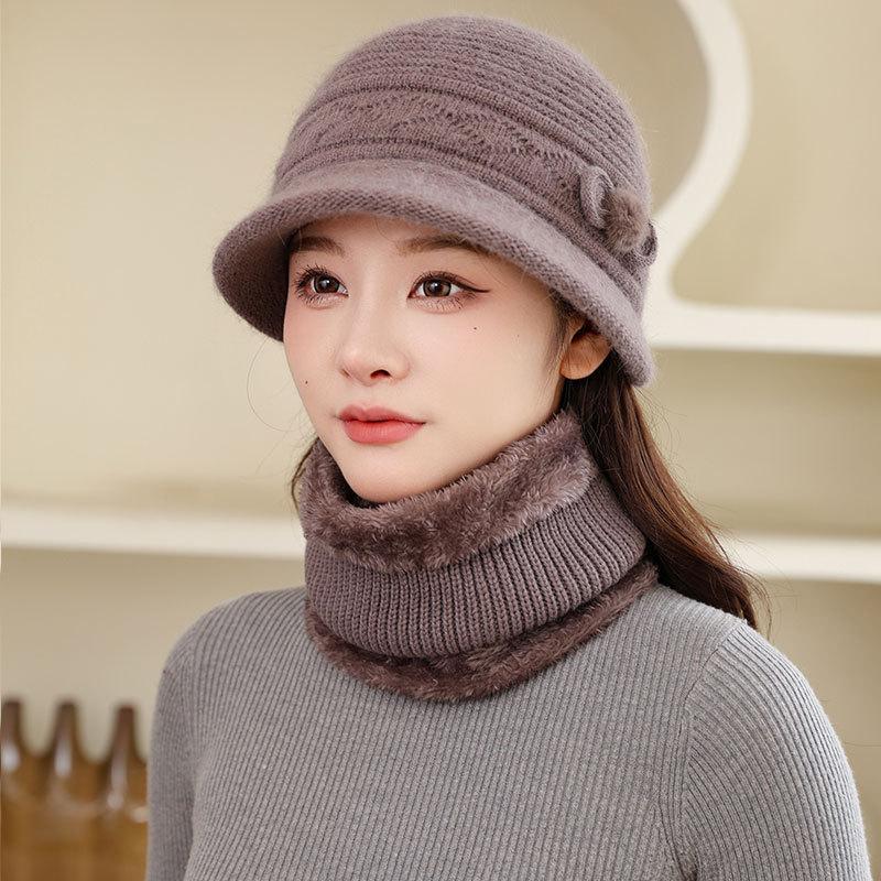 Fleece Warm Hat Ladies Mom Rabbit Plush Fashion Knitted Scarf Basin Hat Winter Grandma Windproof Hat