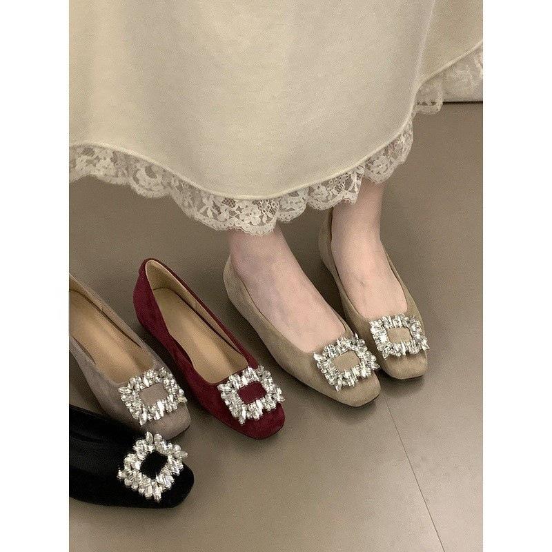 Rhinestone temperament inner height increase single shoes women's season square head high-end commuting shoes versatile