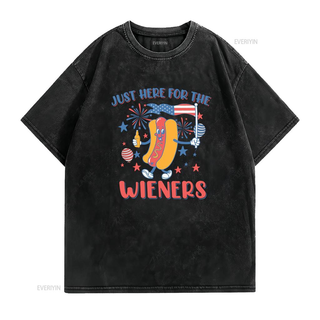Retro Funny Th of July Just Here For The Wieners Hot Dog Patriotic Print Casual T Shirt Vintage Washed Soft Unisex Stylish
