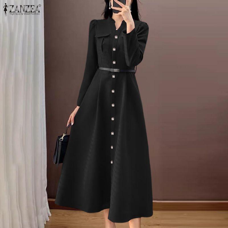 ZANZEA Women Casual V-Neck Solid Color Long Sleeve Elegant Dress