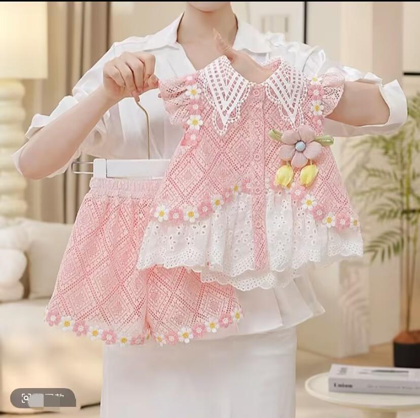 Girls Summer Pink Lace Sleeveless Tulip Top And Forest Shorts Two Piece Set 110cm