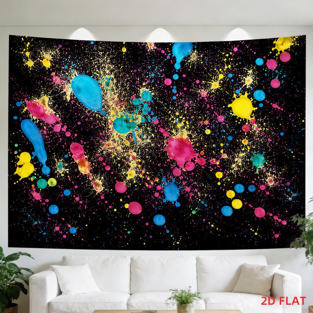 2D Flat - 2D Flat - A Large Tapestry Featuring a Colorful Paint Splatter Design on a Black Backdrop, Perfect for Adding an Artistic Touch to Any Room.