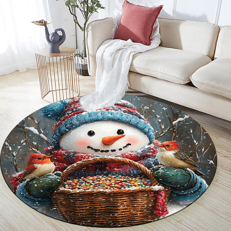 Snowman with Birds Round Area Rug,Carpet Rug for Living Room Bedroom Sofa Playroom Decor,Non-slip Floor Mat
