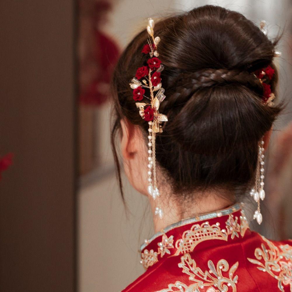 Red Bridal Headwear Pearl Wedding Hair Jewelry Exquisite Bride Tiara  Women
