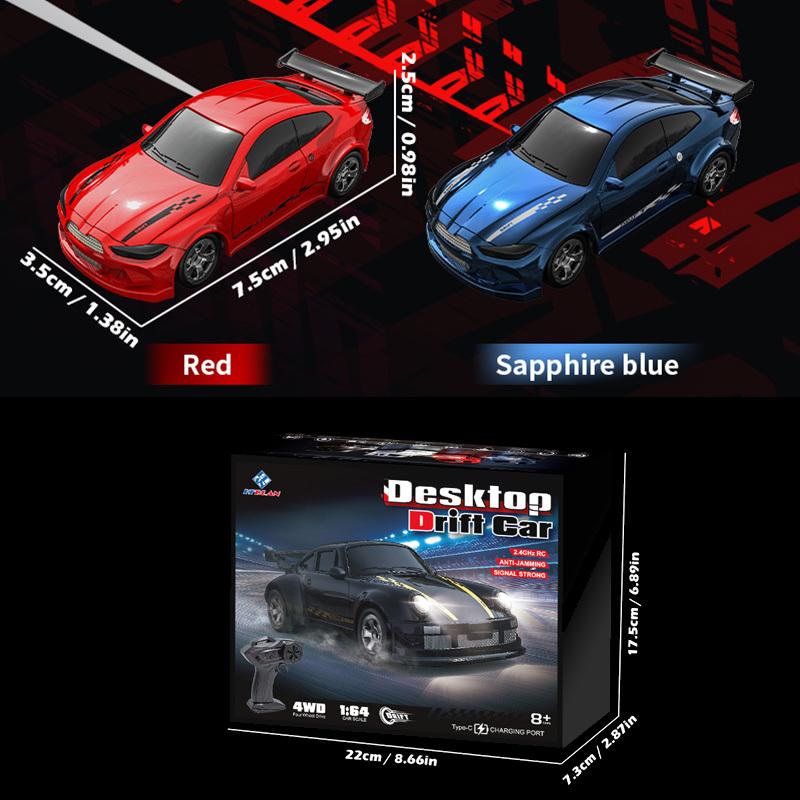 1:64 Drift Car Remote Control Toy Car 2.4GHz 4WD Luminous Front and Rear Headlights Tyre and Roadblock Tools Remote Control with Electronic Locator