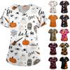 Women's Halloween Print Loose Fit V Neck Short Sleeve Medical Scrub Top with Pockets for Healthcare Professionals Nurse Uniform
