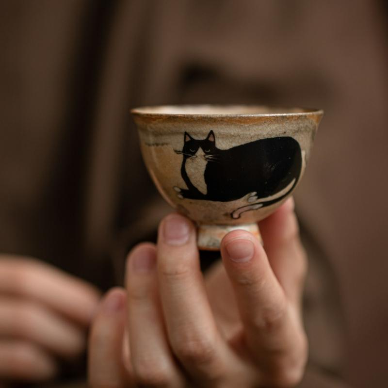 Japanese Ceramic Cute Black Cat Teacup Kiln Change Small Kung Fu Master Single Cup for Teaware Tea Ceremony Decorative Cup New
