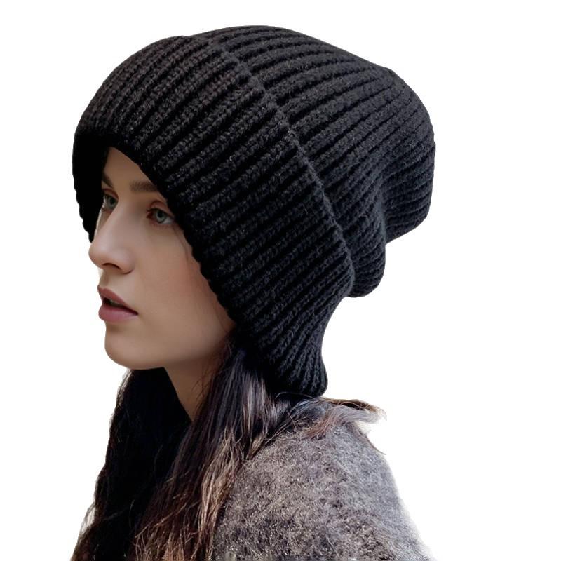 Women's Large Head Circumference Knitted Wool Hat - Versatile, Warm, Slouchy, Solid Color Korean Style for Autumn and Winter