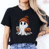 Little Boo Drinking Coffee Women T-Shirts Fashion Halloween Party Spooky Season Shirt Harajuku Graphic Tops Casual Streetwear