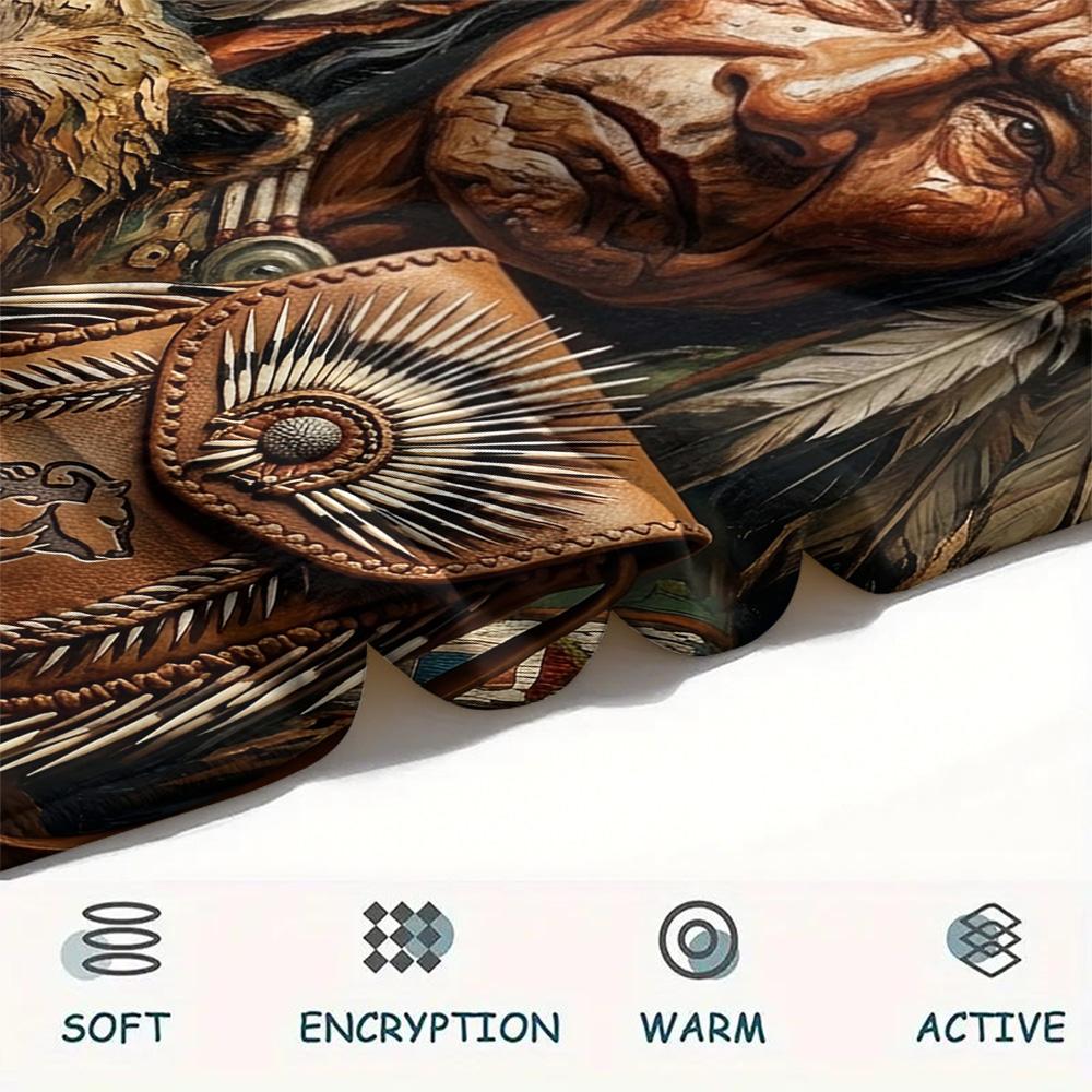 1Pc Indian Chief Painting Print Flannel Blanket High Quality Warm Comfortable Cover for All Seasons Perfect for Gifts Home Decor