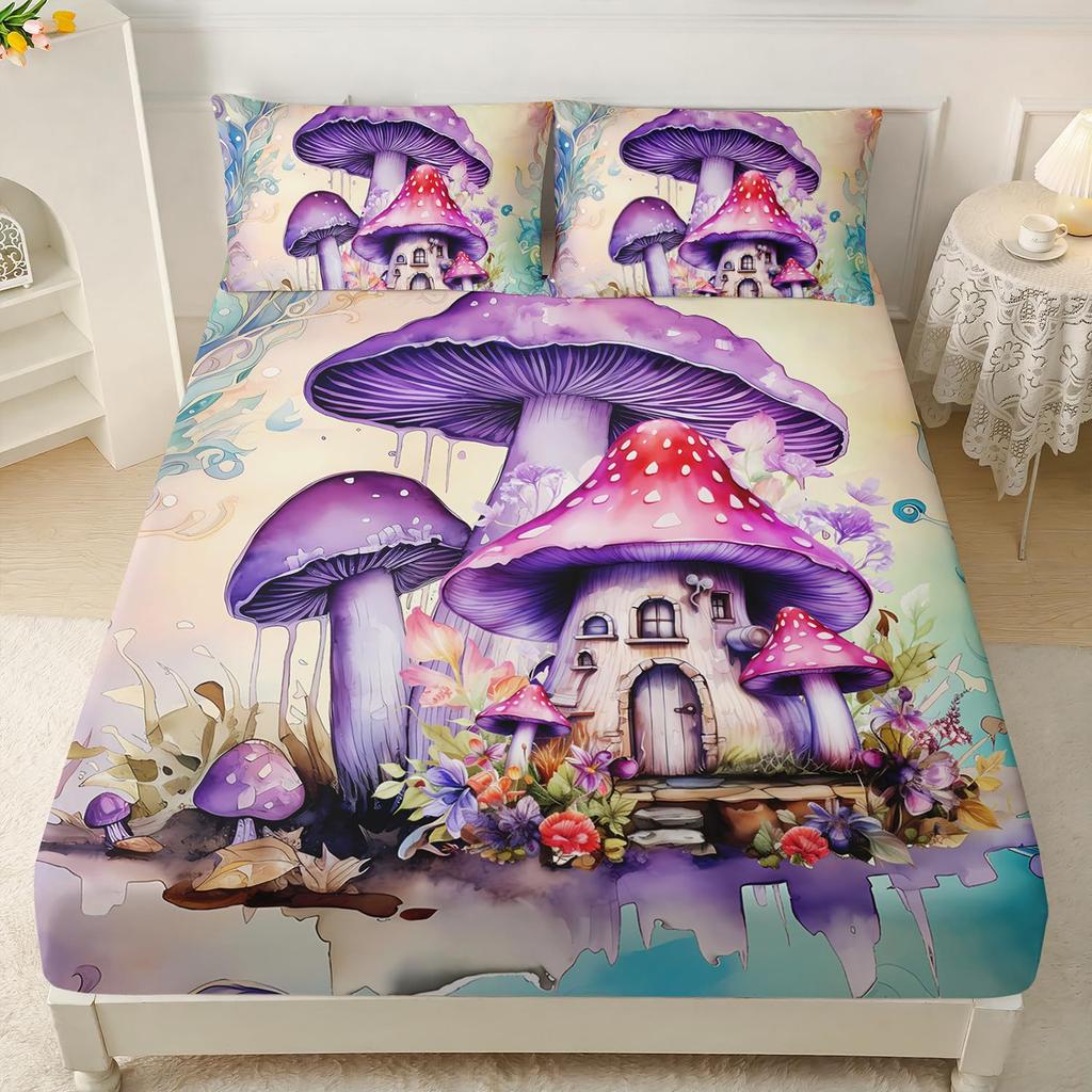 Color Mushroom Pattern Mattress Three-Piece Digital Printing Mattress Bedding Set Adult Children